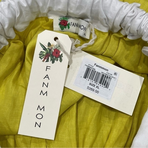 Fanm Mon Yamile 100% Linen Floral Embroidered Halter Midi Dress Mustard Lime NWT - Picture 15 of 16